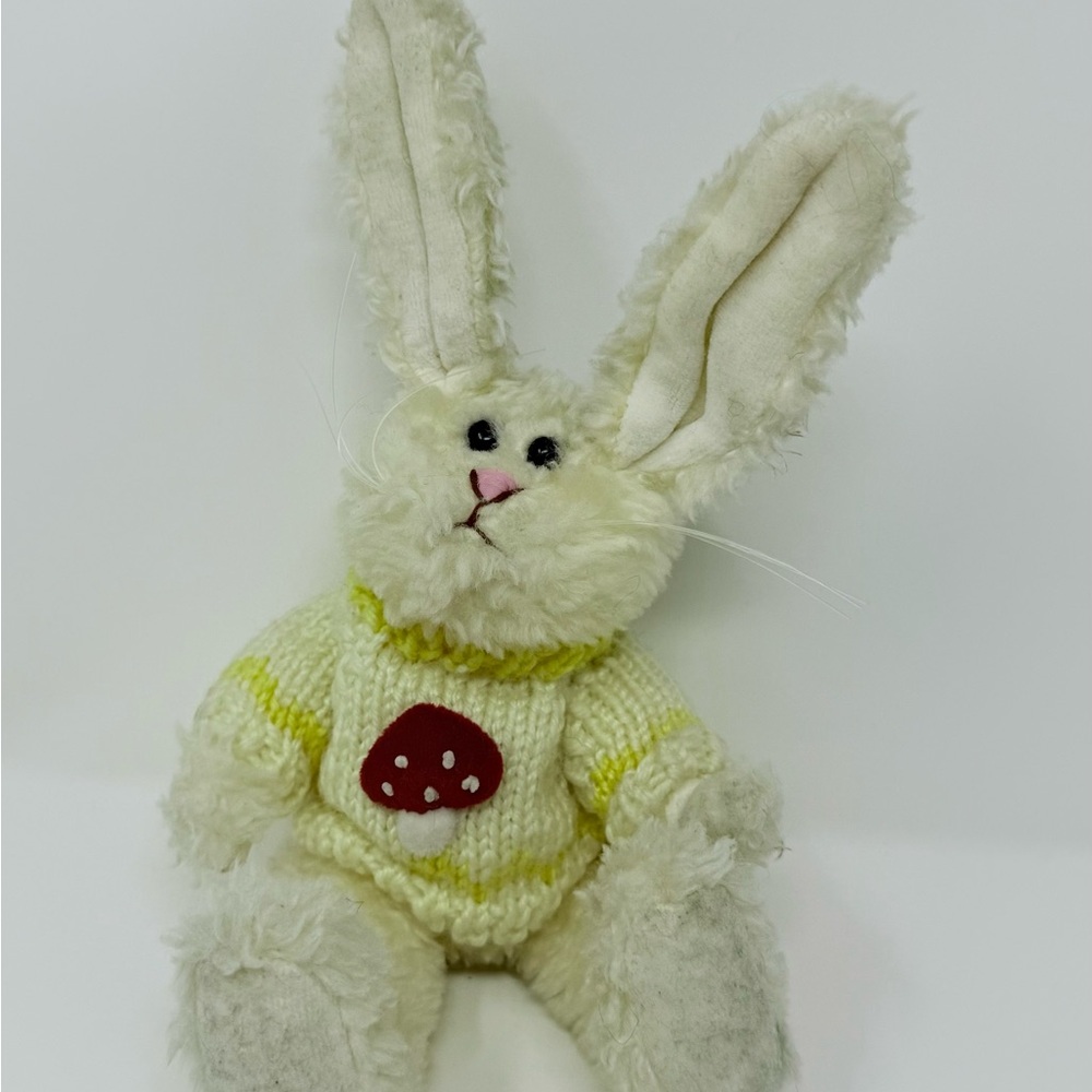 Vintage 1999 White Plush Bunny with Mushroom Sweater